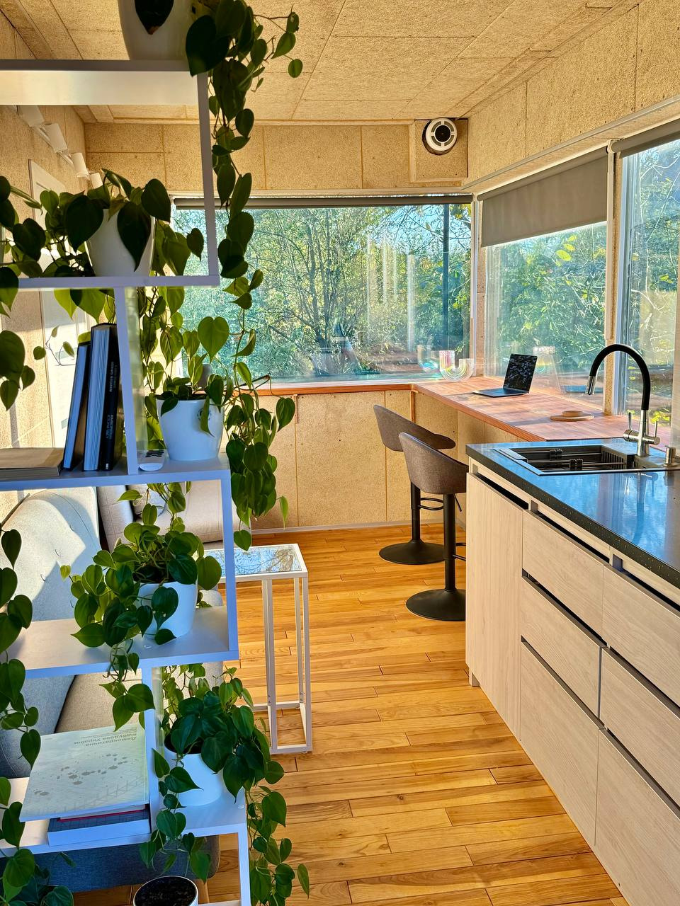 Interior of our autonomous demonstrator home showing natural materials and sustainable design